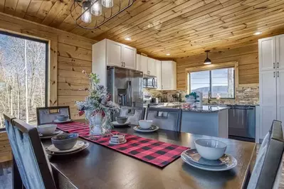 dining room table in a cabin during winter