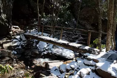 bridge along Alum Cave Trail with snow