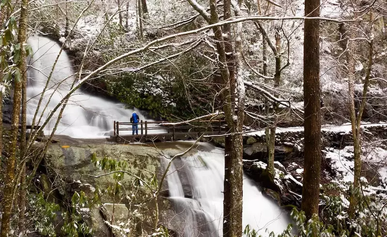 Laurel falls with snow around it