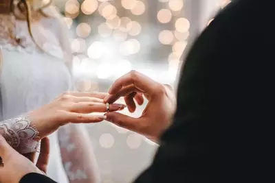 Couple exchanging rings at their wedding