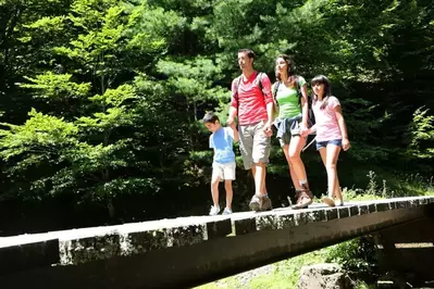 family hiking in the mountains