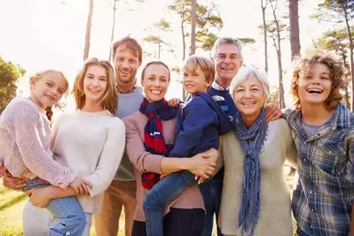 A family with grandparents, parents, and kids.