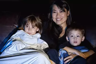 family watching a movie together in vacation cabin rentals in Pigeon Forge TN