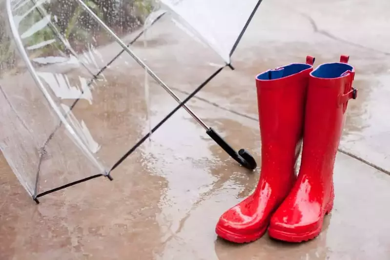 pair of rain boots outside of vacatin cabin rentals in Pigeon Forge TN on a rainy day