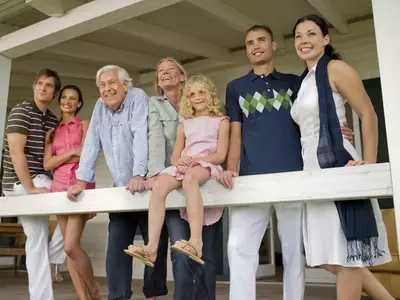 Family reunion on the deck of one of our Gatlinburg cabin rentals for large groups.