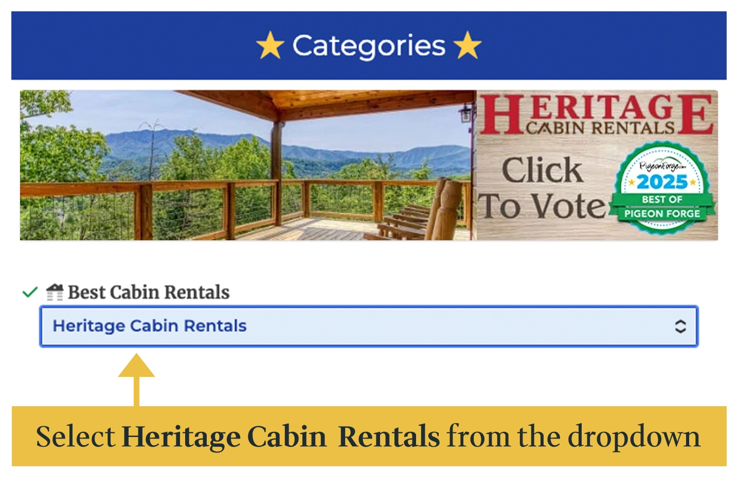 Select Heritage Cabin Rentals from the dropdown