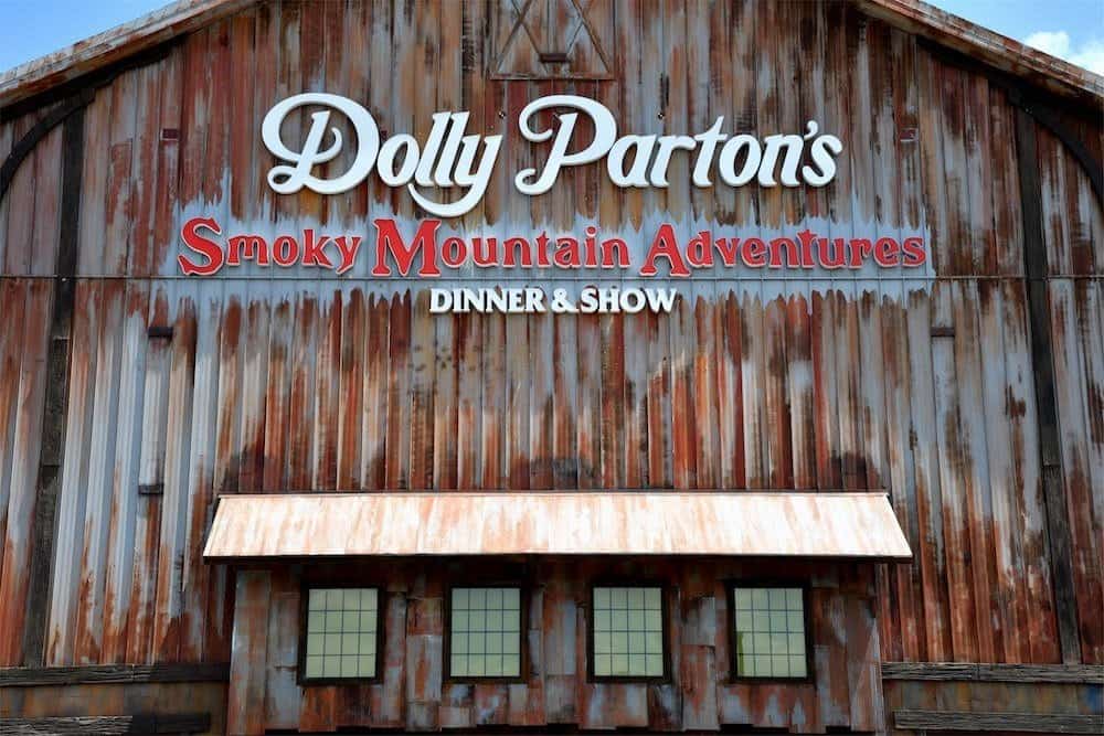 The outside of Dolly Parton's Smoky Mountain Adventures dinner theater,